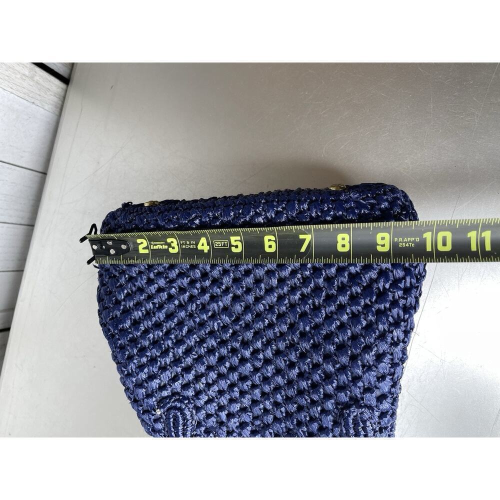 Vintage 70’s Shoulder Bag Navy Straw Top Handle Handbag Kisslock Interior - Picture 7 of 7